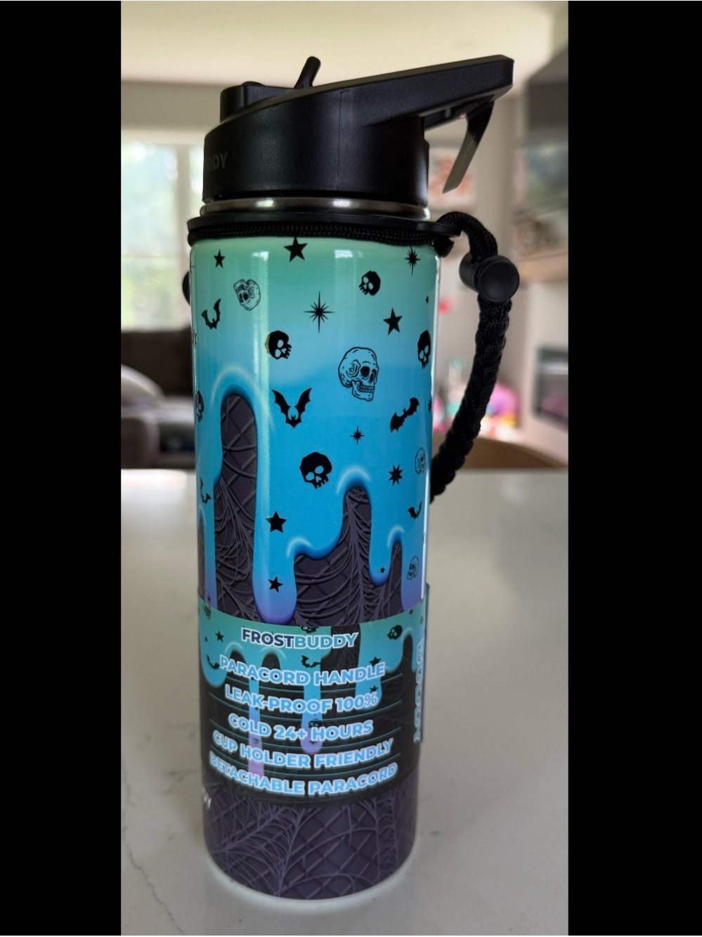 NWT FROST BUDDY Teal & Black Skull Print Insulated Bottle HALLOWEEN